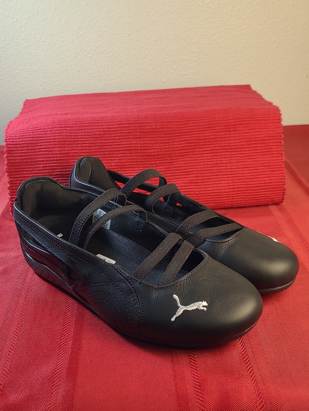 Puma Speedcat Black Ballet Flats with Elastic Cross Straps